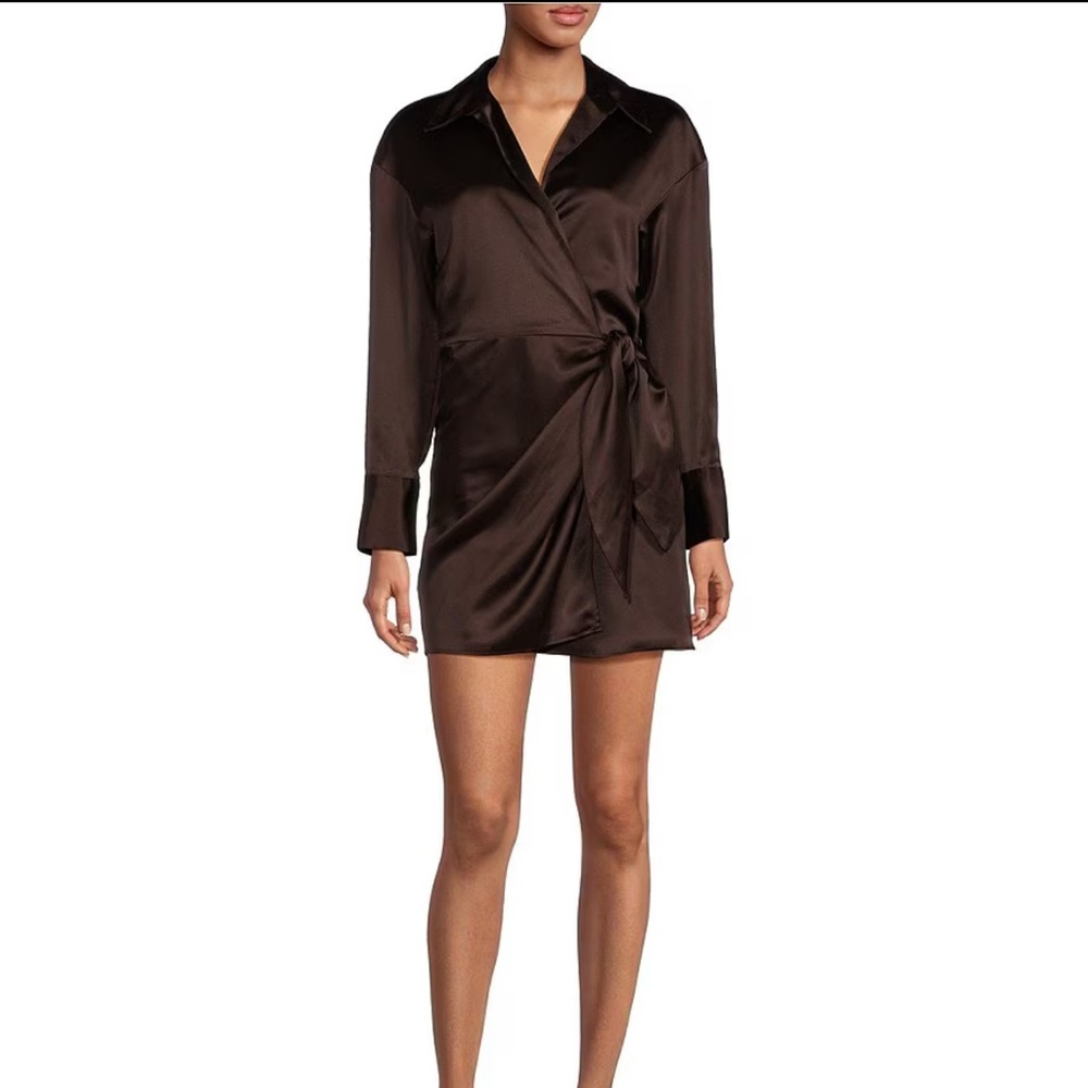 Gianni Bini Avery Long Sleeve Satin Point Collar Faux Wrapโ Dress Burgundy Sz 10